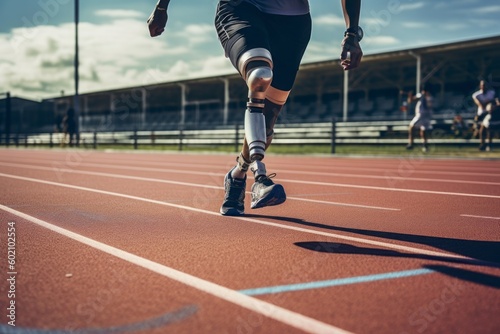 a disabled person with a prosthetic leg exercising on a sports track. Generative AI © OLKS_AI