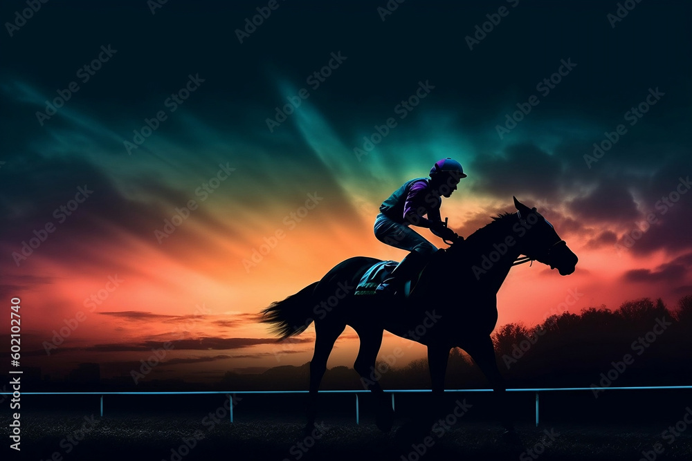 Midnight Gallop, Thoroughbred and Jockey Silhouette in Horse Racing, generative Ai