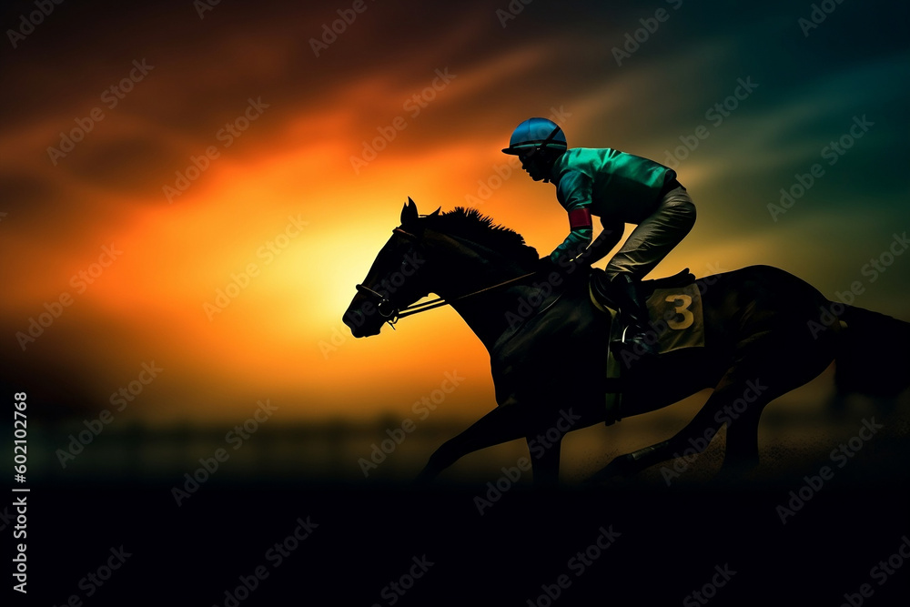 Silhouette of a Thoroughbred and Jockey Racing at Night, generative Ai