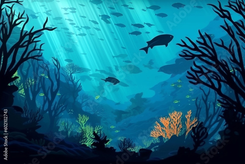 Illustration Silhouettes of coral reef and fishes underwater Generative AI