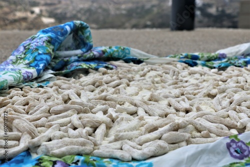 homemade Greek pasta drying in the sun