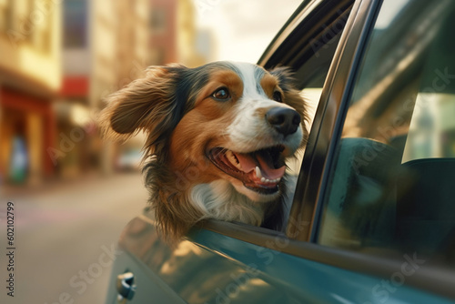 Happy beagle dog hanging of a window in a moving car Generative AI