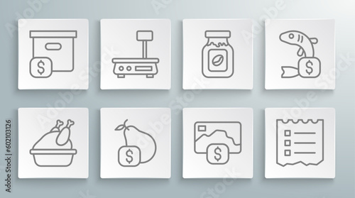 Set line Roasted turkey or chicken, Electronic scales, Price tag for pear, Credit card, Shopping list, Coffee jar bottle, fish and Carton cardboard box with price icon. Vector
