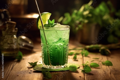 A creative shot of a green cocktail with a shamrock straw and traditional Irish elements on a rustic wooden table. Generative AI