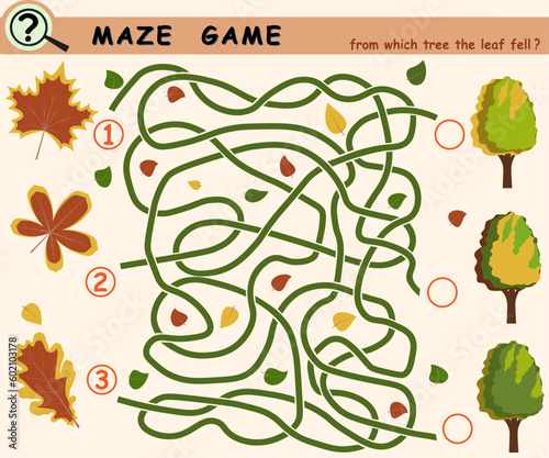 Logic game for children with autumn leaves maze. Vector illustration.