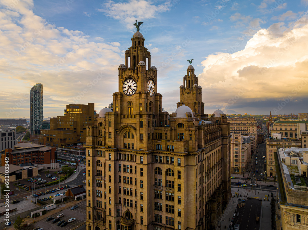 Aerial view of the Royal Liver building, a Grade I listed building in Liverpool, England