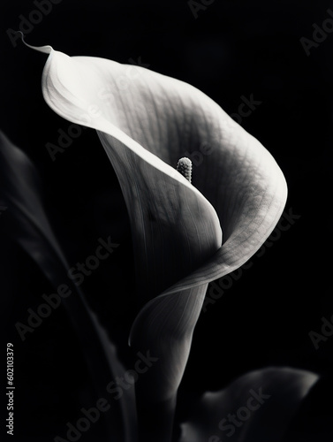 Close up of beautiful arum lily monochrome. Calla-lily black and white. Adorable beautiful calla lily flower. Realistic 3D illustration. Generative AI photo