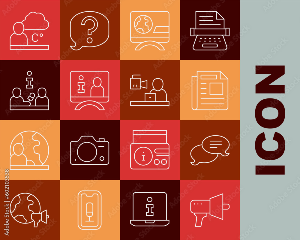 Set line Megaphone, Speech bubble chat, News, Breaking news, Television report, Interview, Weather forecast and icon. Vector Set line Megaphone, Speech bubble chat, News, Breaking news, Television report, Interview, Weather forecast and icon. Vector
