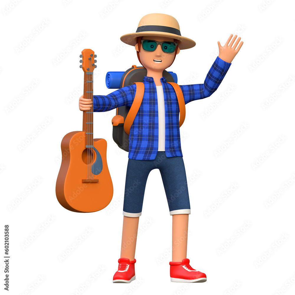 Naklejka premium backpacker playing guitar 3d cartoon character illustration