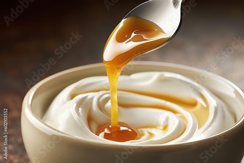 A close-up shot of a spoon dipping into a container of yogurt with a swirl of honey on top. Generative Ai