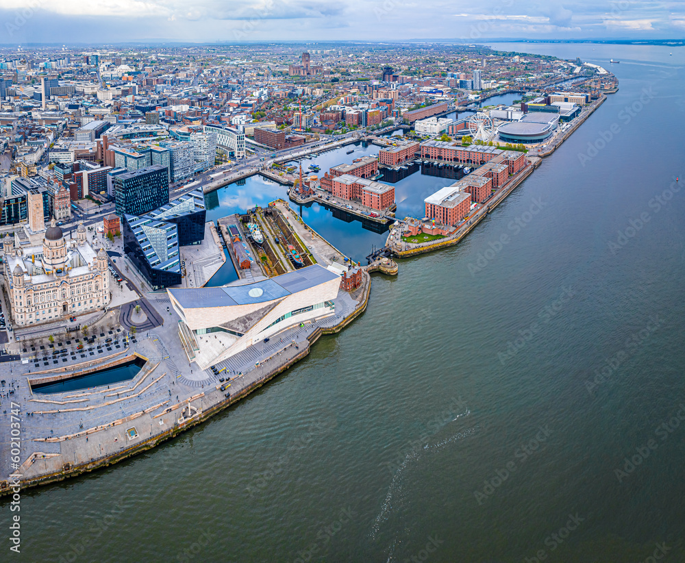 Aerial view of Liverpool waterfront ready for Europvision song contest 2023, England