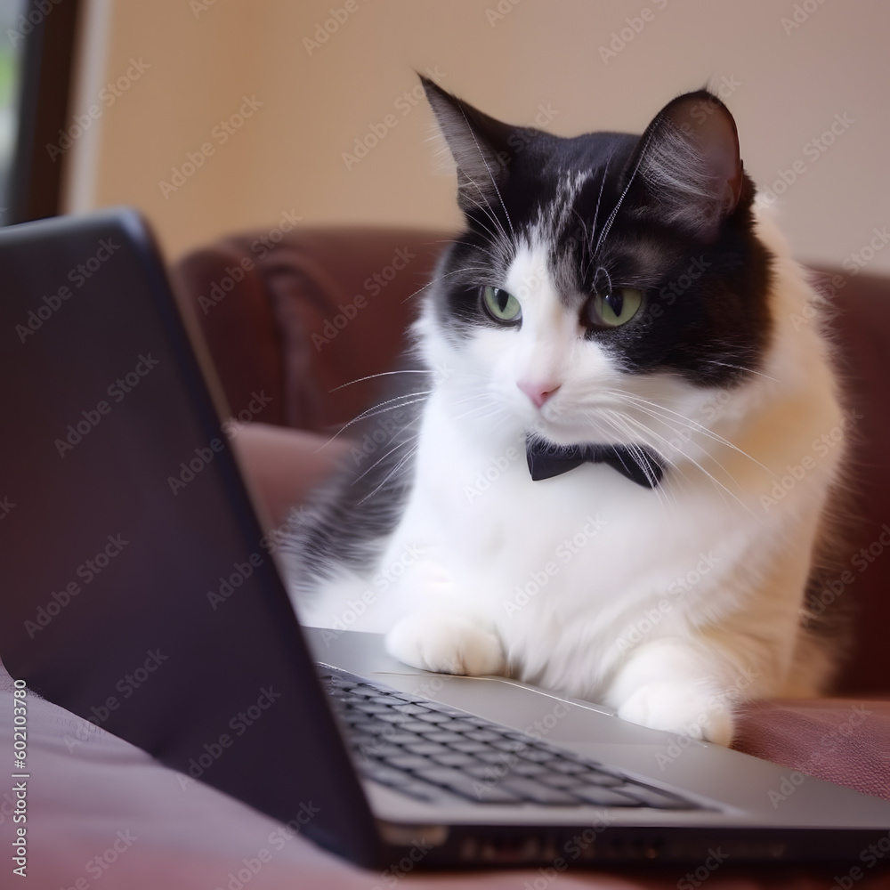 Portrait of adorable pet cat. Concept of hardworking pet. AI generated image. Portrait of adorable pet cat. Concept of hardworking pet. AI generated image.