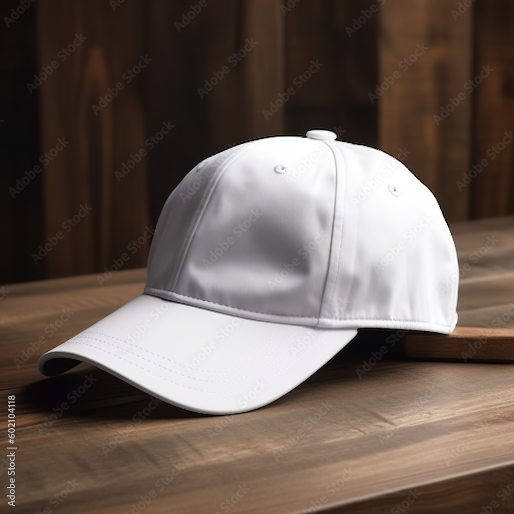 Blank baseball cap mockup template for branding on wooden background. White canvas fabric cap. Cap for premium clothing accessary. Realistic 3D illustration. Generative AI Blank baseball cap mockup template for branding on wooden background. White canvas fabric cap. Cap for premium clothing accessary. Realistic 3D illustration. Generative AI