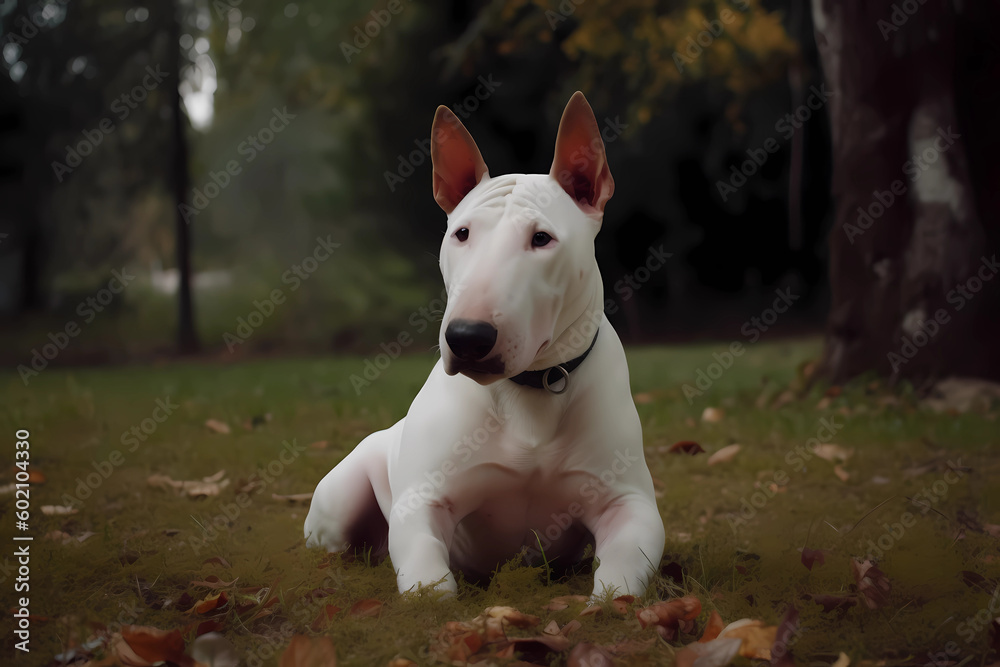 Bull Terrier - Originating from England, this breed is known for its distinctive egg-shaped head and its fearless, independent nature (Generative AI)