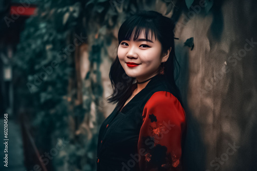 The young Asian lady stands confidently next to a vintage old town wall, with a charming smile on her face. generative AI.