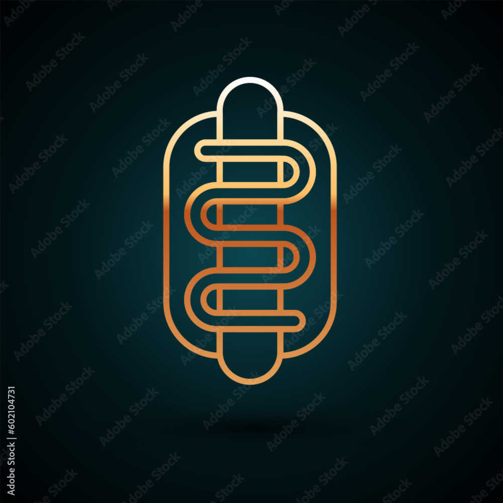 Gold line Hotdog sandwich icon isolated on dark blue background. Sausage icon. Fast food sign. Vector Gold line Hotdog sandwich icon isolated on dark blue background. Sausage icon. Fast food sign. Vector