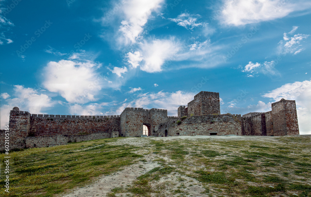 Panoramic view of the dark stone fortress castle of Trujillo, in Caceres, Extremadura, Spain