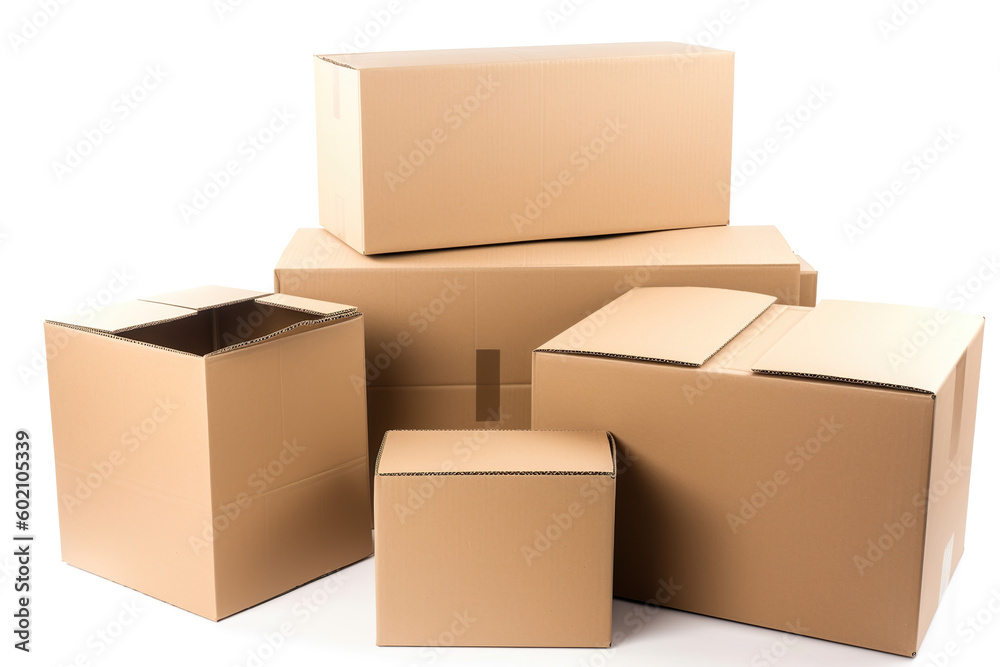 Cardboard box isolated on white background. Self-gathering cardboard boxes. Brown square cardboard box mockup. Realistic 3D illustration. Generative AI