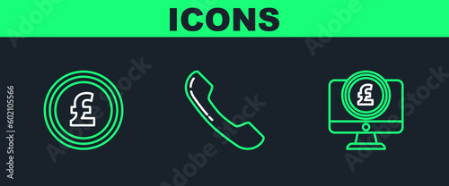 Set line Computer monitor with pound sterling symbol, Coin money and Telephone handset icon. Vector