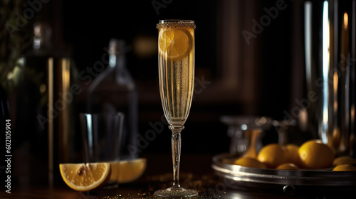 Champagne Cocktail elegantly presented in a flute glass with lemon. Fresh summer cocktail with fruit aesthetic look. Realistic 3D illustration. Generative AI