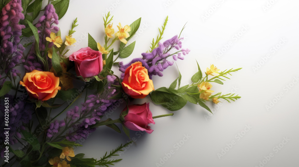 Red and yellow roses and lavender isolated on white background for greeting card design