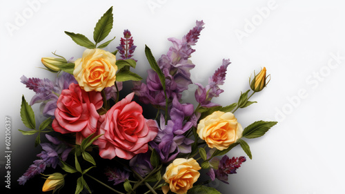 Red and yellow roses and lavender isolated on white background for greeting card design