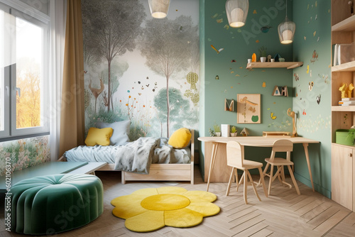 Modern minimalistic interior of the childrens room, green, white and golden colors. Super photo realistic background, generative ai illustration.