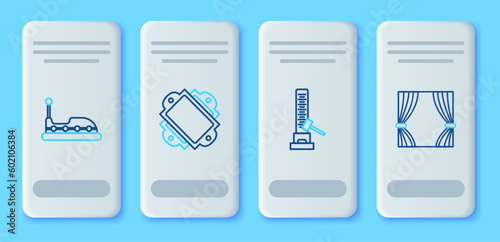 Set line Ticket, High striker attraction with big hammer, Bumper car and Curtain icon. Vector