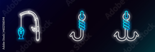 Set line Fishing hook, rod and fish and icon. Glowing neon. Vector