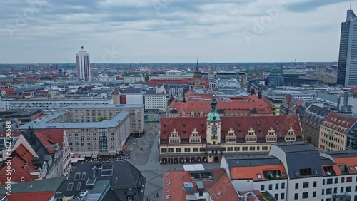 Drone shot of Leipzig's Old Town Hall – which dominates the east side of the marketplace in Leipzig's district Mitte . photo