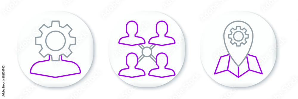 Set line Location job, Human with gear inside and Project team base icon. Vector