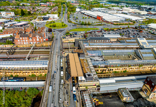 Aerial view of the town of Crewe, a railway town and civil parish in the unitary authority of Cheshire East in Cheshire, England photo