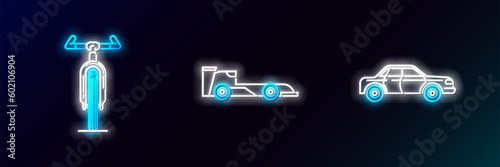 Set line Sedan car, Bicycle and Formula race icon. Glowing neon. Vector