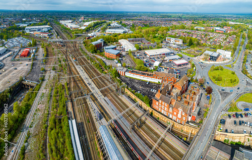 Aerial view of the town of Crewe, a railway town and civil parish in the unitary authority of Cheshire East in Cheshire, England photo