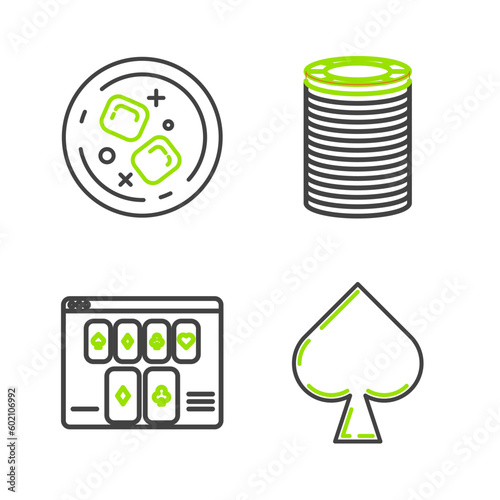 Set line Playing card with spades symbol, Online poker table game, Casino chips and Glass of whiskey and ice cubes icon. Vector