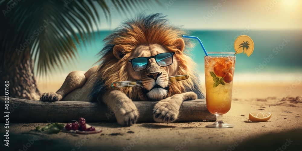 lion is on summer vacation at seaside resort and relaxing on summer beach Generative AI - obrazy, fototapety, plakaty 
