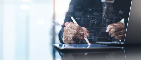 AI Artificial Intelligence and machine learning concept. Businessman using digital tablet with AI analyzing big data on virtual interface, data science, Business Intelligence