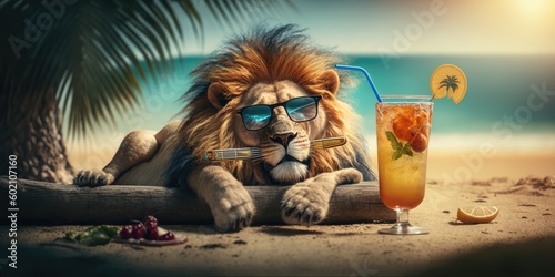 lion is on summer vacation at seaside resort and relaxing on summer beach Generative AI