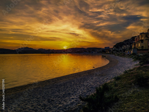Empty beach at sunset, Golfo Aranci, Sassari, Sardinia, Italy