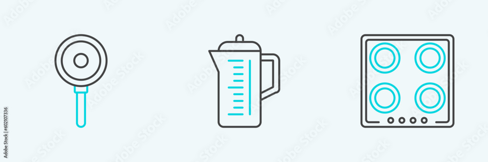 Set line Gas stove, Frying pan and Teapot icon. Vector