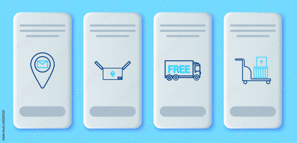Set line Cardboard box with traffic symbol, Free delivery service, Placeholder on map paper and Electric hand truck and boxes icon. Vector Set line Cardboard box with traffic symbol, Free delivery service, Placeholder on map paper and Electric hand truck and boxes icon. Vector