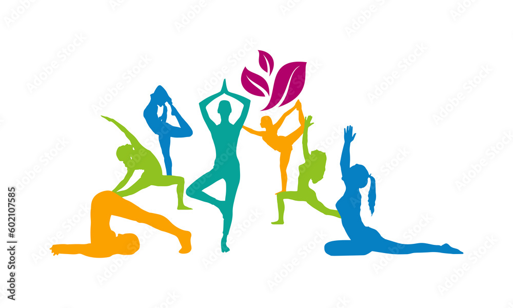 Silhouettes of slim girl practicing yoga stretching exercises. Shapes of woman doing yoga fitness workout. Set of yoga positions