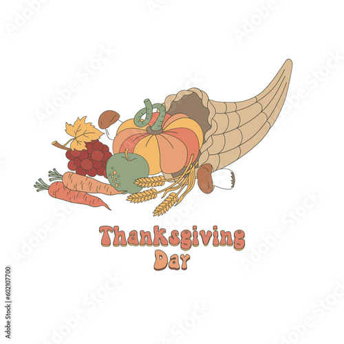 Autumn horn of plenty fruit and vegetable vector illustration. Happy Thanksgiving Day poster print design.