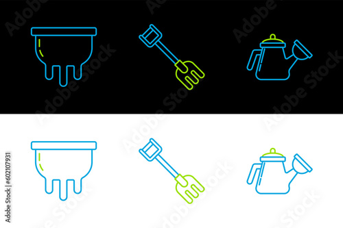 Set line Watering can, Udder and Garden rake icon. Vector