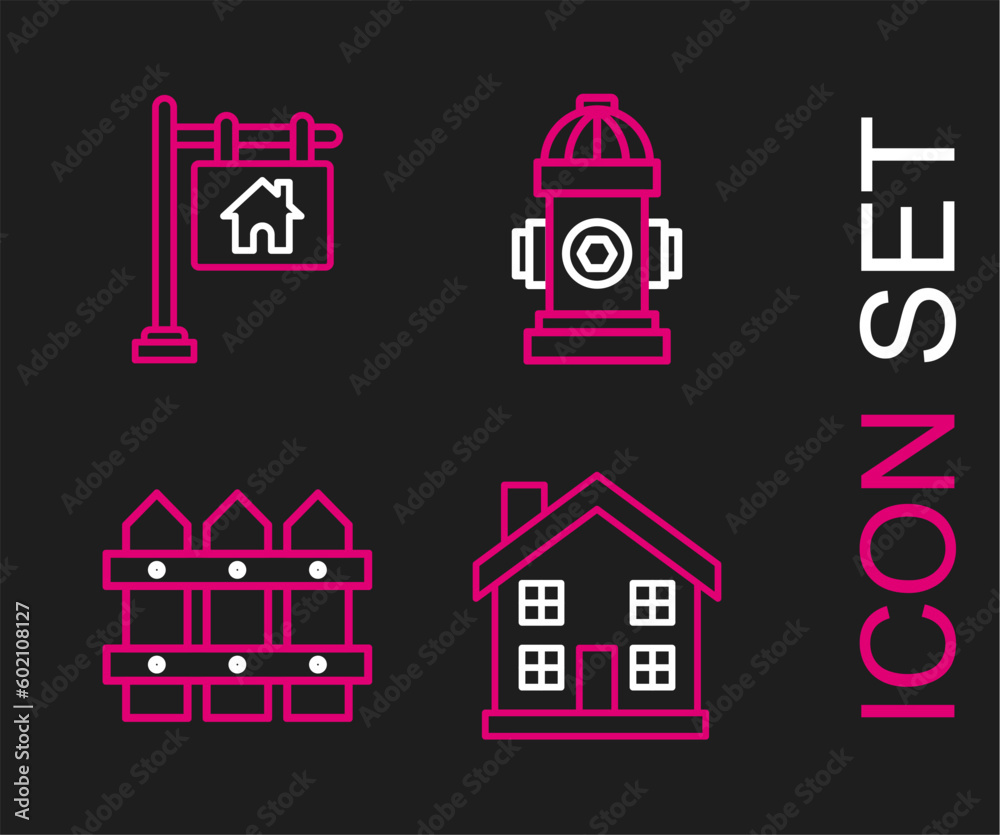 Set line Home symbol, Garden fence wooden, Fire hydrant and Hanging sign with text Sale icon. Vector