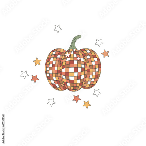 Retro groovy disco pumpkin vector illustration. Happy Thanksgiving Day poster print design.
