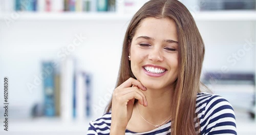 Wallpaper Mural Student, face and girl at home with a smile by a bookshelf ready for studying. Happiness, female portrait and turn of a young person in a house feeling happy and cheerful in study room for learning Torontodigital.ca