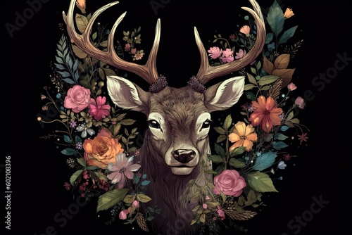 Beautiful Deer in a Crown of Flowers and Greenery: A Delightful Vintage Nature Illustration, Generative AI