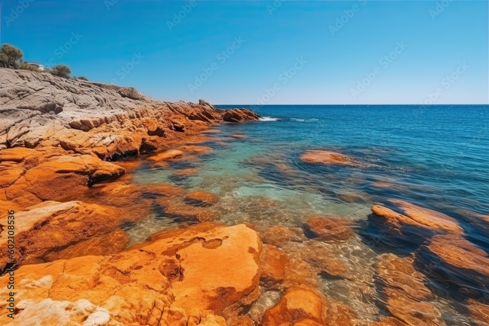 Summer Paradise: Orange Rocks and Azure Waters Along Costa Brava's Mediterranean Coast, Generative AI