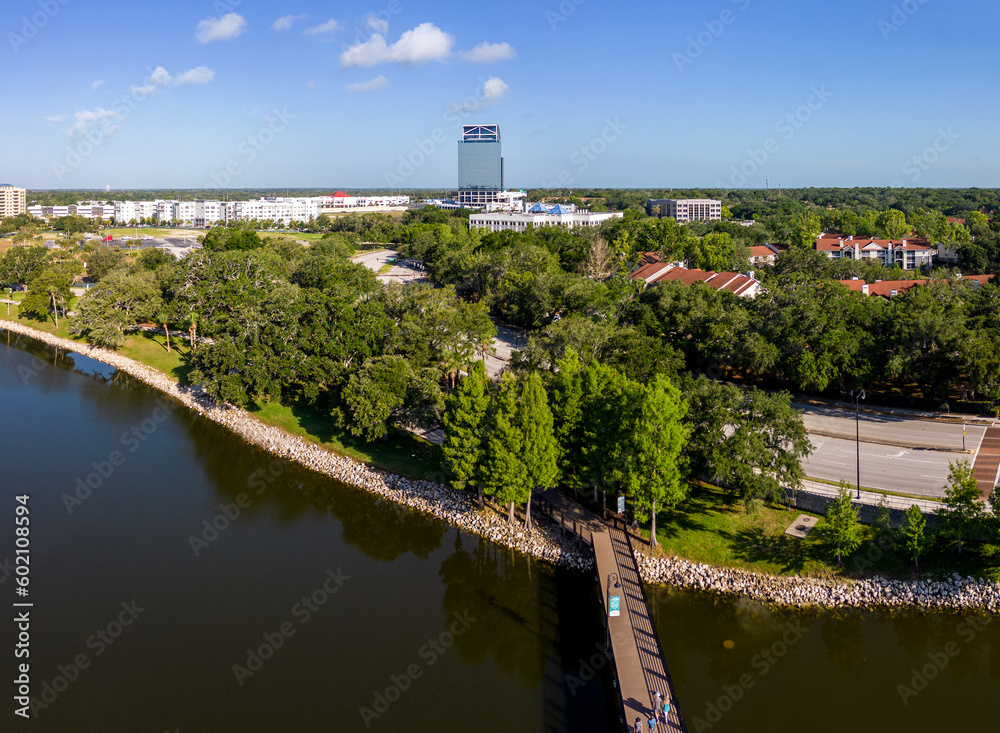 Aerial view of Cranes Roost Park, Uptown, Altamonte Springs, Florida, USA. May 13, 2023. (North of Orlando, Fl.)